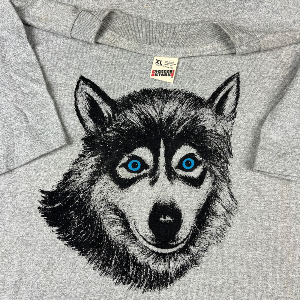 VTG Screen Stars T Shirt Mens XL Gray Husky Wolf Eyes USA Single Stitch 80s